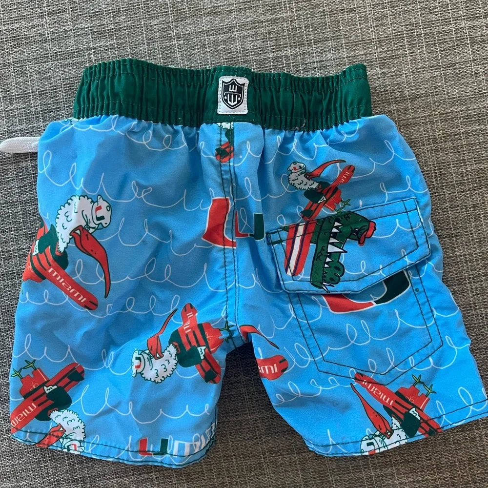 Kids Blue Llama Surf Swim Trunks with Green Waistband
